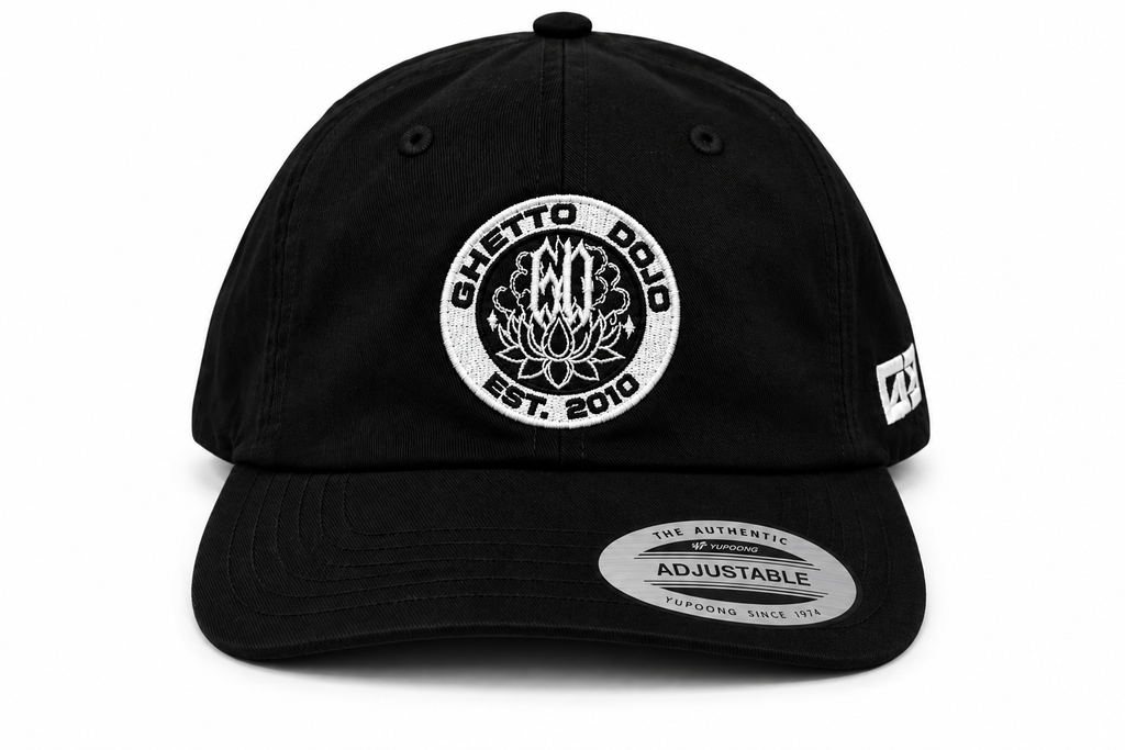Ghetto Dojo circle logo dad hat, front view, EST. 2010 embroidery