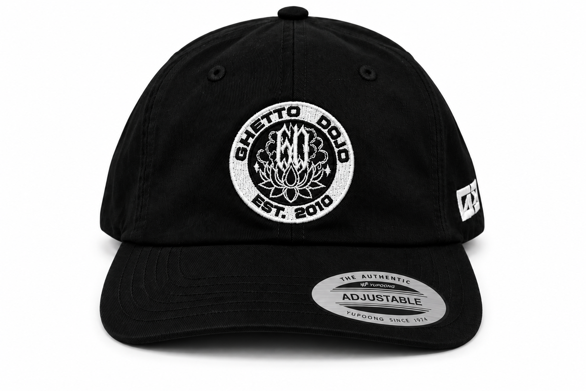 Ghetto Dojo circle logo dad hat, front view, EST. 2010 embroidery