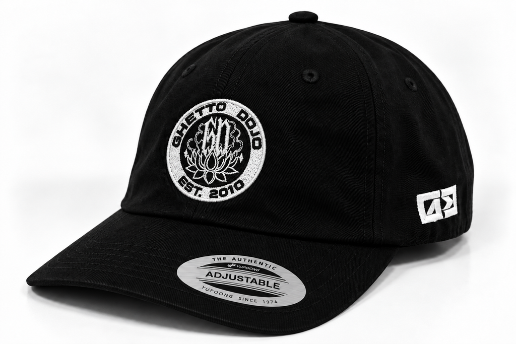Ghetto Dojo circle logo dad hat, quarter view, EST. 2010 embroidery