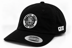 Ghetto Dojo circle logo dad hat, quarter view, EST. 2010 embroidery