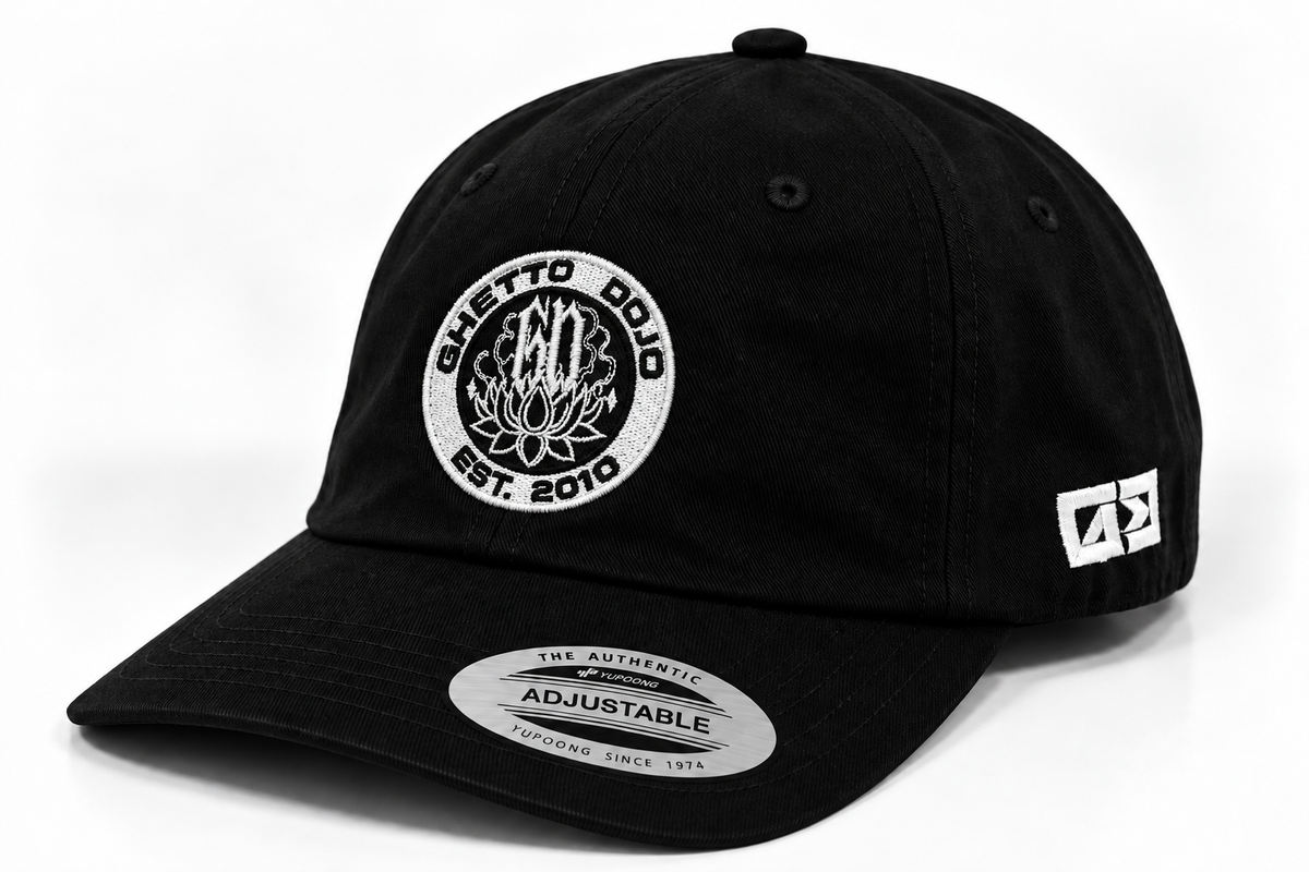 Ghetto Dojo circle logo dad hat, quarter view, EST. 2010 embroidery