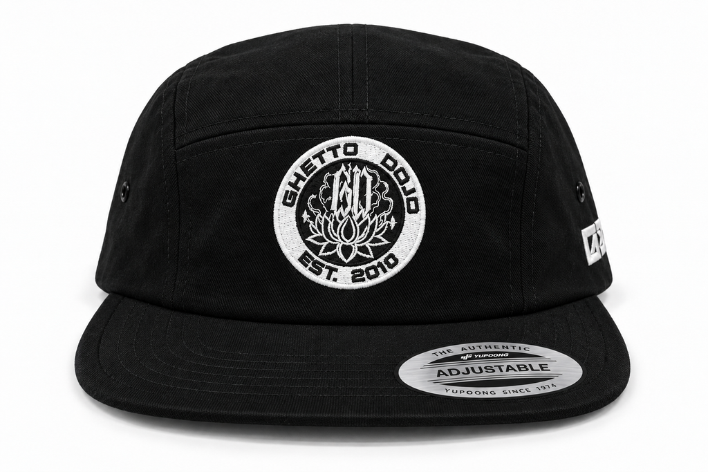 Ghetto Dojo circle logo jockey hat, front view, EST. 2010 embroidery