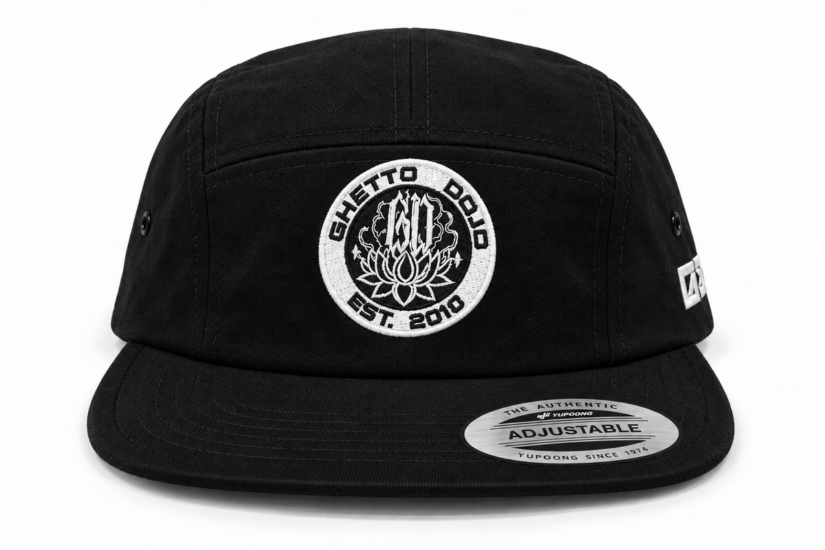 Ghetto Dojo circle logo jockey hat, front view, EST. 2010 embroidery