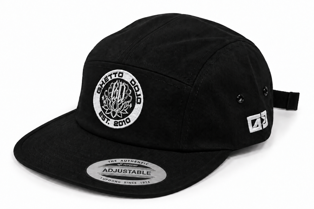 Ghetto Dojo circle logo jockey hat, quarter view, EST. 2010 embroidery