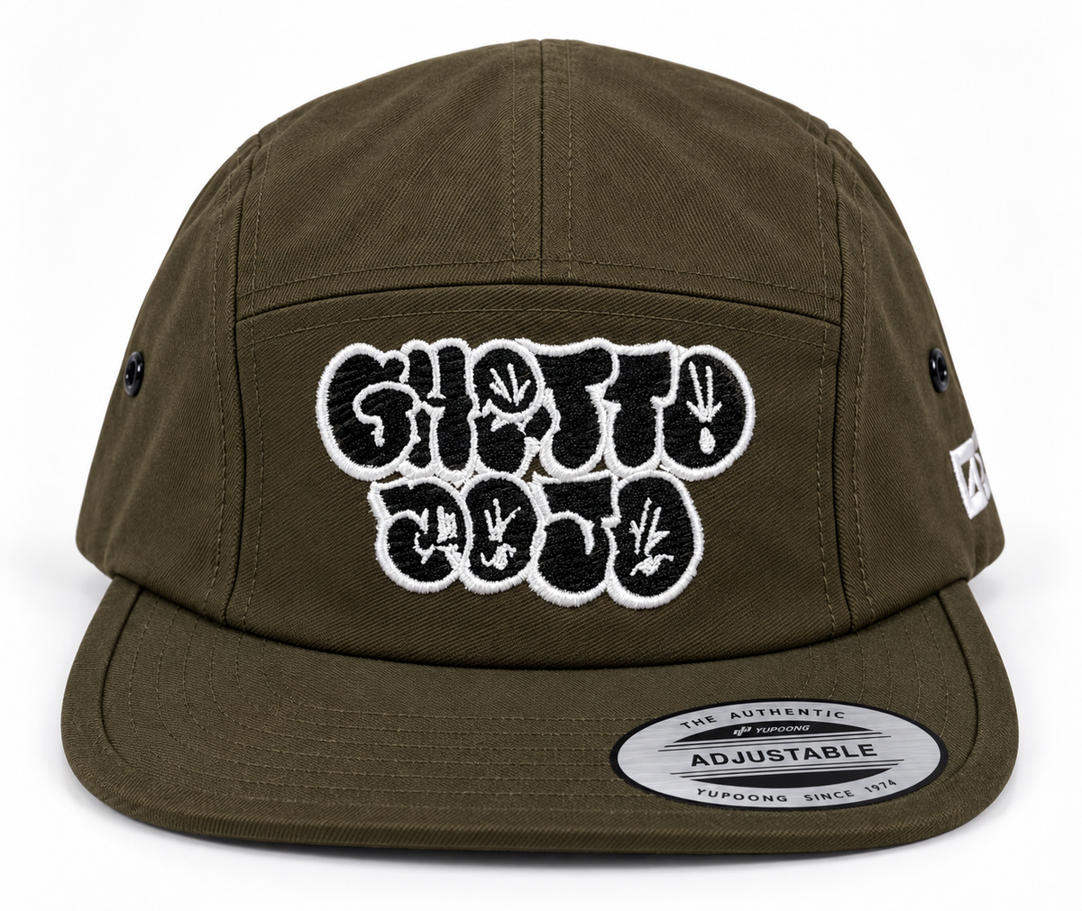 Ghetto Dojo Throwie Jockey Hat in OD green, front view with black and white embroidery