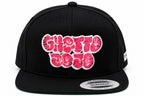 Ghetto Dojo Throwie Snapback front view with pink and white embroidery