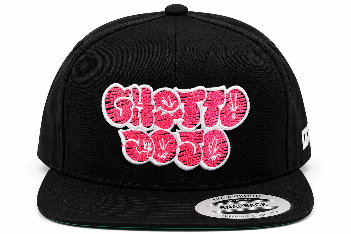 Ghetto Dojo Throwie Snapback front view with pink and white embroidery