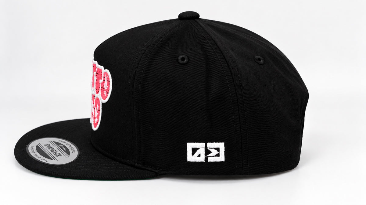 Ghetto Dojo Throwie Snapback side view with white embroidered logo